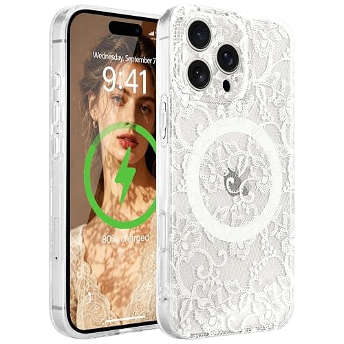 L-FADNUT for iPhone 16 Pro Max Case Lace Clear Flower Magnetic,White | [Compatible with Magsafe] Aesthetic Vintage Floral Lace Case Soft TPU Slim Shockproof Translucent Girly Cover Women Girls - Image 1