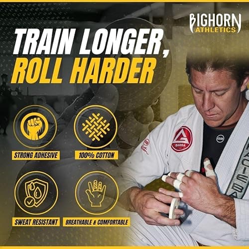 Bighorn Athletics Jiu Jitsu Finger Tape, Rock Climbing Tape | Multipurpose for Sports & Injuries: MMA, Volleyball, Football, Basketball, Tennis, Golf, Hands & Toes, 0.5-Inch x 45-feet, 8-Rolls, White thumbnail 4