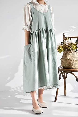 NEWGEM Cotton Linen Cross Back Apron for Women with Pockets for Cooking Gardening Turquoise without Waist Ties thumbnail 4