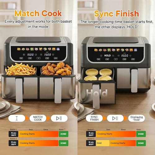 NEWBULIG Dual Air Fryer with 2 Baskets 9.5 QT, 10 in 1 Large Air Fryers with Ceramic Crisper Plate, Match Cook, Sync Finish, Shake Reminder, 80-450°F Wide Temp, Roast, Defrost, Dehydrate, Bake, Black thumbnail 6