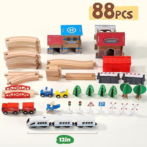 Electric Toddler Wooden Train Set Toy, 88 PCS Train Track Toys for 3 4 5 Years Old Kids, Boys and Girls thumbnail 7