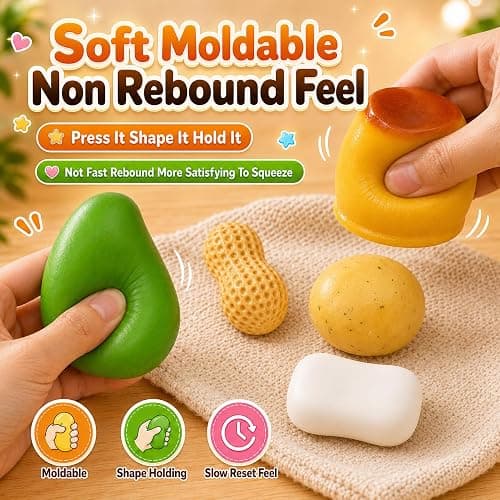 4PCS Crunchy Squishy Mango Soap Peanut Pudding Stress Ball Set ASMR Bead Filled Realistic Food Shape Slushy Squeeze Fidget Squishies for Office Desk Home Travel Adults Party Favor Gift (5PCS-A) thumbnail 5