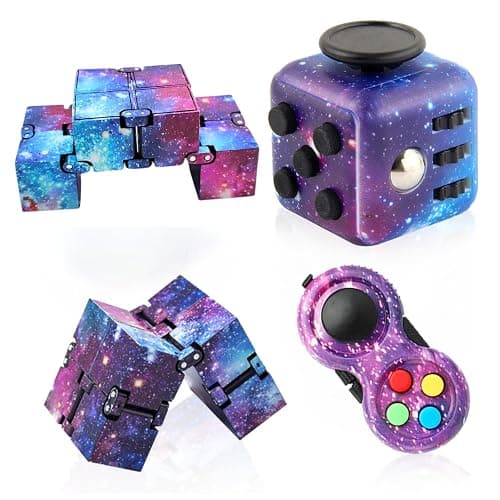 Cuackamily 3-Piece Fidget Toy Set - Galaxy Fidget Cube, Pad, Infinity Cube - Stress & Anxiety Relief for ADHD, ADD, Autism, Adults & Kids - Image 1
