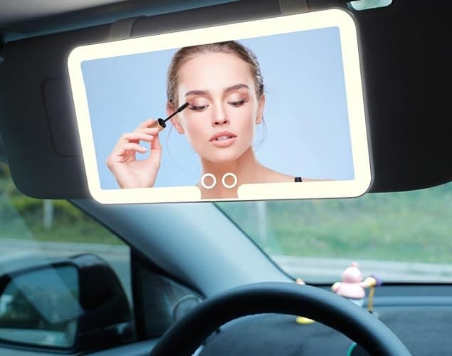 Car Vanity Mirror with Light - Sun Visor Mirror with Rechargeable LED Lights - 3 Color Modes - Double Dimmable Touch Control - White - Image 1