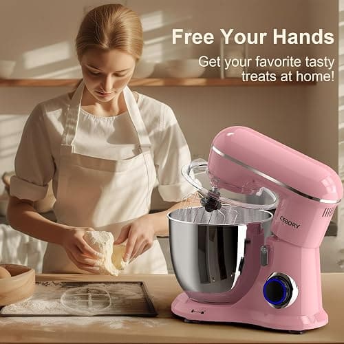 CEBORY 3-IN-1 Electric Stand Mixer, 6.5QT Bowl 660W 10-Speed Kitchen Mixer, Household Food Mixers include Dough Hook, Beater and Whisk, Bread Cake Mixer for Baking and Most Home Cooks, Pink thumbnail 6