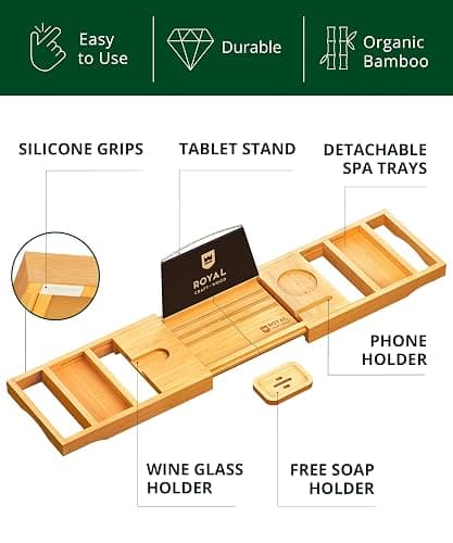ROYAL CRAFT WOOD Bathtub Tray Caddy for Tub, Bamboo Bath Shelf, Premium Foldable Wood Bath Table, Expandable Bathtub & Bathroom Accessories, New Home Gifts for Mom, Housewarming, Anniversary, Wedding thumbnail 3