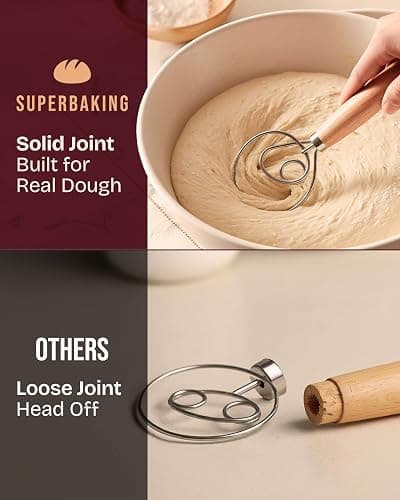 Superbaking Danish Dough Whisk - 12" Bread Whisk for Dough Mixing - Single Eye Design Sourdough Whisk - Sourdough Bread Baking Supplies - Bread Making Tools and Accessories - Ergonomic Wooden Handle thumbnail 6