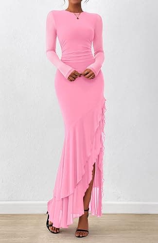 BTFBM Women's Maxi Dresses Fall 2025 Long Sleeve Ruched Bodycon Solid Ruffle Mermaid Cocktail Wedding Guest Dress thumbnail 5