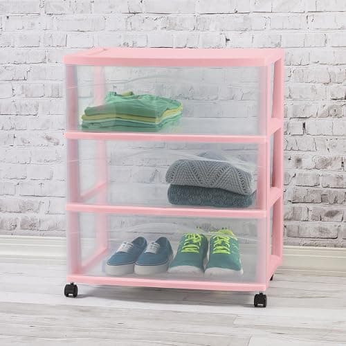 Sterilite 2 Pack Wide 3 Drawer Storage Cart, Rolling Organization, Pink | Clear Plastic Organizer Drawers with Wheels for Craft Supplies, Bath Essentials, or Home Accessories thumbnail 2
