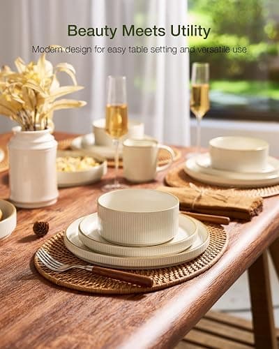 famiware Star Dinnerware Set, Plates and Bowls Sets for 4 (12pcs), Ribbed Stoneware Dishes - Chip & Scratch Resistant, Microwave & Dishwasher Safe Tableware, White thumbnail 2