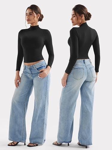 YEOREO Long Sleeve Workout Crop Mock Thermal Turtle Neck Double Lined Base Tops Shirts Women Sariah Y2k Undershirt thumbnail 5