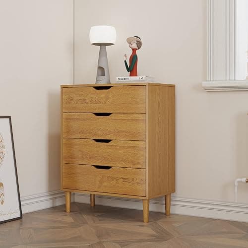 Panana Wooden Chest of 4 Drawers, Modern Bedside Cabinet Storage Organiser Unit Wooden Leg Living Room Hallway Bedroom Office Oak thumbnail 2
