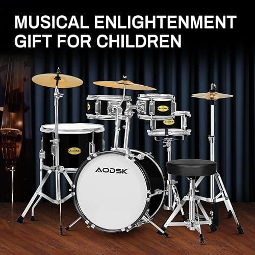 AODSK 5 drums & 3 cymbals 14 Inch Drum Set, Complete Kit w/Throne & Sticks | All Hardware Included, Adjustable Stool, Bass Pedal, Perfect for Young Beginners, Music Class, Holiday Gift, Easy Setup thumbnail 7