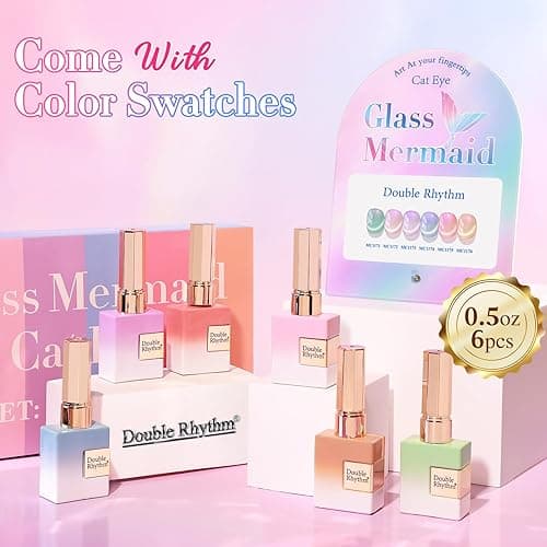 Double Rhythm Cat Eye Gel Nail Polish Set of 6 Same Color Same Bottle 0.5 Oz Shimmer Glitter with Magnet Holographic Reflective Magnetic UV Nail Polish Kit at Home (Mermaid Pink Rose-T6-31) thumbnail 3