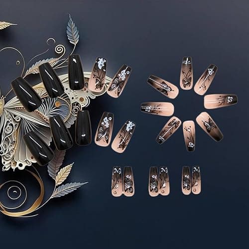 24Pcs Black Butterfly Press on Nails Glossy White Flower Medium Coffin False Nail Gradient Acrylic Full Cover Fake Nails French Gel Glue on Fingernails Ombre Stick on Nail for Holiday Manicure Art thumbnail 3
