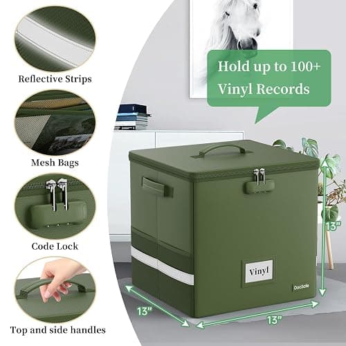 DocSafe Vinyl Record Storage Box with Lock, Fireproof＆Water Resistant Record Organizer for 100+ Single Records(12-inch), Collapsible Storage Crate with Lid&Handles for Valuable Album Collection,Green thumbnail 2