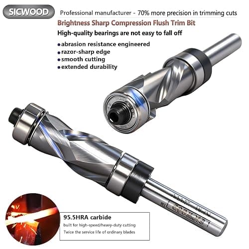 SICWOOD Compression Top and Bottom Bearing Flush Trim Router Bit 1/4 Shank - 1/2" Cutting Dia, Carbide Spiral Up-Down Pattern Template Flush Cut Router Bit, for Wood Trimming thumbnail 3