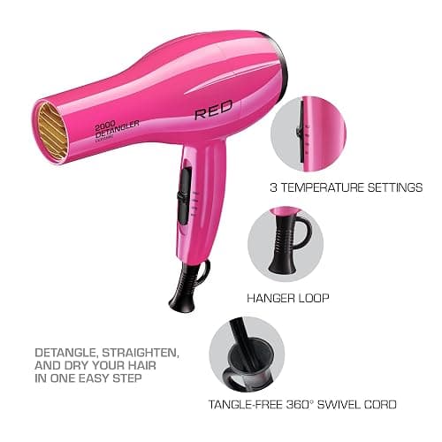 RED by KISS 2000 Ceramic Hair Dryer, Professional Salon Blow Dryer, 2 Detangler Pik Attachments, Tourmaline Technology, 3 Heat Settings, Easy Storage Loop (Pink) thumbnail 3