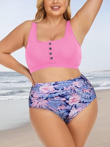 Summer Mae Plus Size Women Ribbed Bikini Set Two Piece High Waist Swimsuit Scoop Top Tummy Control Bathing Suit Swimwear - 22 Plus - Peach Blossoms thumbnail 7