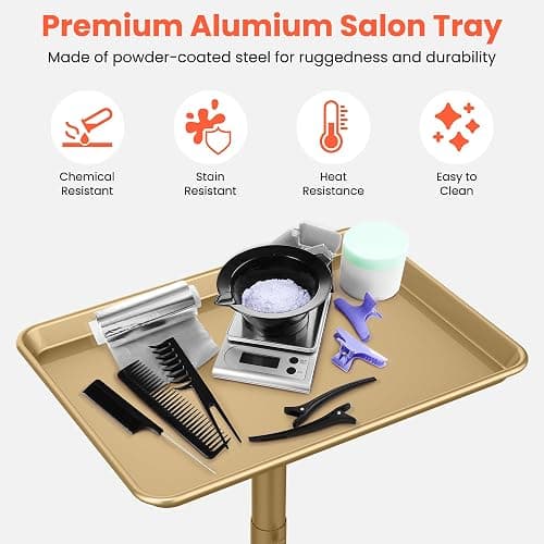 TASALON Premium Salon Tray on Wheels, Aluminum Salon Rolling Tray Trolley for Salon Essentials, Adjustable Height Provides Ample Storage for Hairstylist Tray, Tattoo Tray and Clinic Tray Use - Gloden thumbnail 4