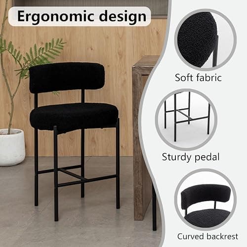 Canxkun Boucle Bar Stools Set of 2, 24" Modern Counter Stools with Backs, Black Upholstered Barstools for Kitchen Island, Bar, Cafe thumbnail 4