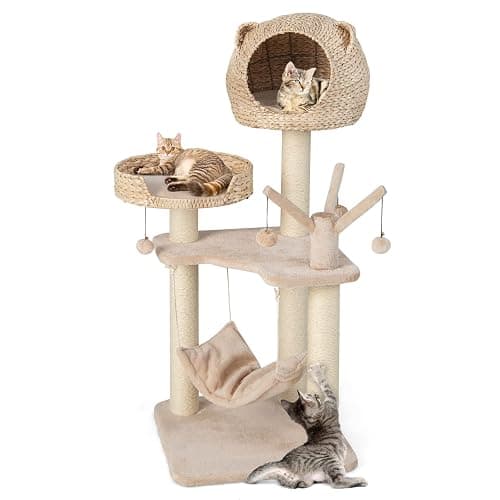 Tangkula Modern Cat Tree Tower, Multi-Level Tall Activity Center with Natural Sisal Scratching Posts, Hammock, Hand-Made Cattail Cute Condo with Funny Toy Balls - Image 1