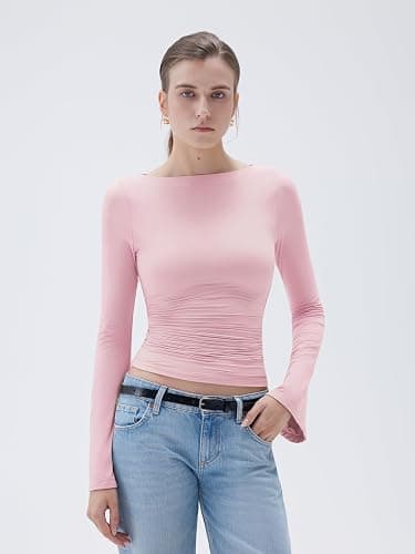 SUUKSESS Women Crew Neck Bell Sleeve Tops Double Lined Going Out Fitted Basic T Shirts thumbnail 6