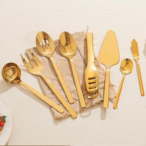 KINGSTONE Large Hostess Gold Serving Utensils Set, 18/10 Stainless Steel -10 inch Serving Spoons, Slotted Spoons, Forks, Tongs, Cake Pie Server, Butter Knife, Sugar spoon for Buffet, Wedding, Party thumbnail 4