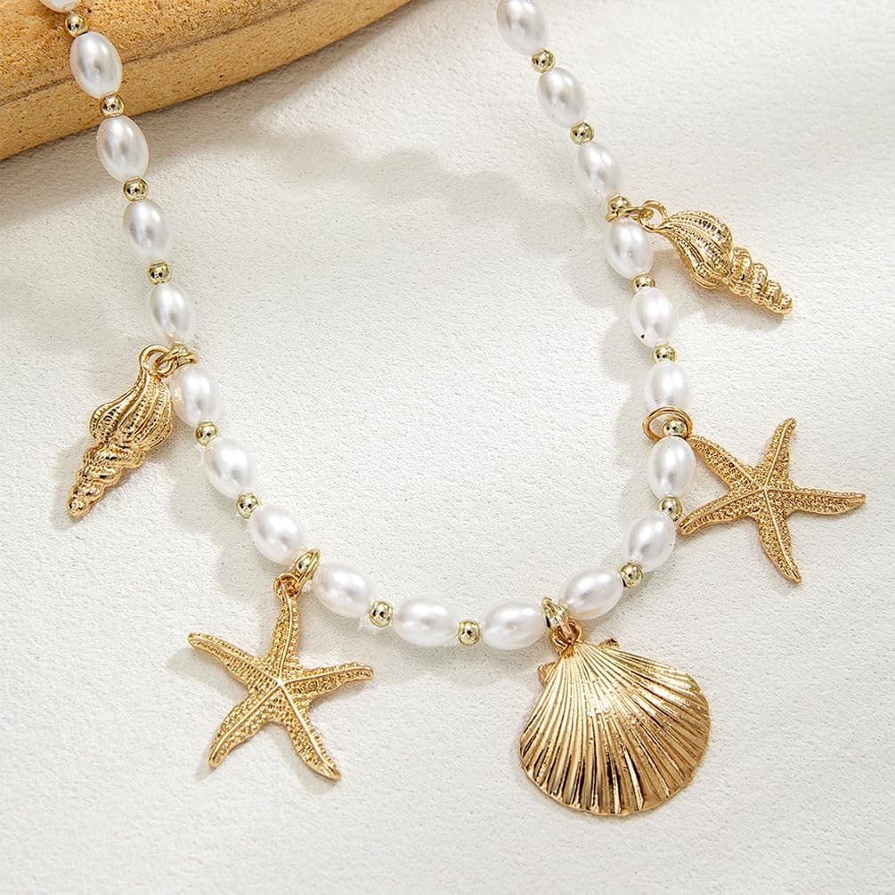 Dainty Gold Starfish Conch Oval Pearl Seashell Necklace for Women, Boho Statement Beaded Chain, Beach Holiday Party Jewellery thumbnail 8