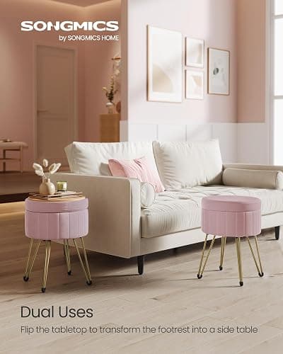 SONGMICS Vanity Stool Chair, Small Ottoman Stool with Storage, Velvet Makeup Stool, 15.4 Dia. x 17.5 H Inches, Jelly Pink ULOM003R01 thumbnail 7