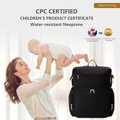 CEI-CEI Neoprene Diaper Bag Backpack with Changing Pad, Large Newborn Baby Maternity Bags Travel Tote with Insulated Pockets (Black) thumbnail 9