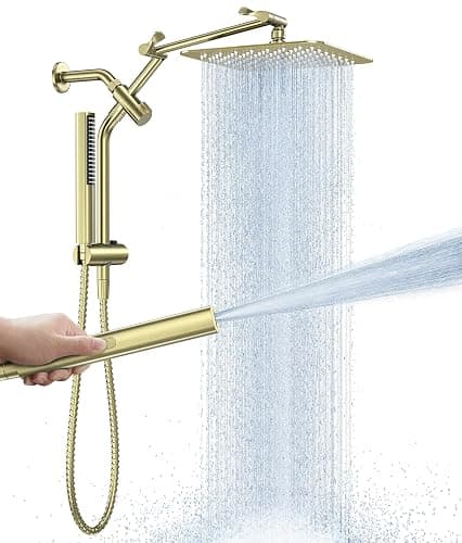 Veken All Metal 10" Shower Head with Handheld, Luxurious Square Double Rain Shower Heads with Spray Combo, Dual High Pressure Detachable Rainfall Showerhead with Extension Arm, Long Hose,Brushed Gold - Image 1