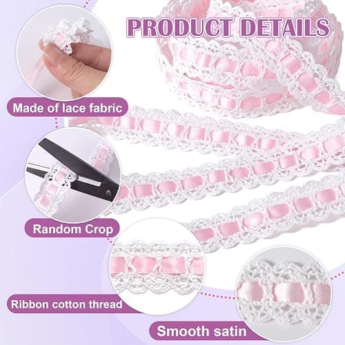 SmallCat 2 Yards Pink Lace Ribbon, Bow Lace for Crafts | Vintage Pink Laces, Stretch Laces Trim for Wrapping, Bouquet Packaging, DIY Crafts, Wedding Decorations, Party Decoration thumbnail 4
