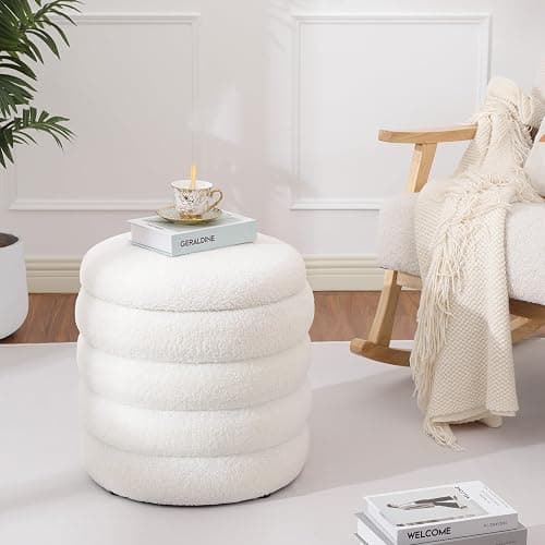 Dolift Teddy Sherpa Round Ottoman with Storage, Modern Upholstered Vanity Stool Foot Rest, Small White Boucle Storage Ottoman for Bedroom, Living Room, Entryway, Dorm thumbnail 6