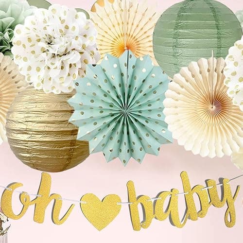 Sage Green Baby Shower Decorations Oh Baby Banner Tissue Paper Pom Poms Flowers Paper Fans Circle Dot Garland Neutral Party Supplies Boy Girl Gender Reveal Birthday Party Decorations thumbnail 7
