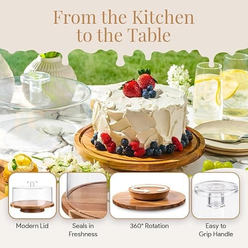 HOMESPHERE Rotating Cake Stand With Lid - 12 Inch Round Cake Holder with Cover, 4” Tall, Acacia Wood Spinning Cake Turntable for Decorating, Display and Serving Platter, Acrylic Cake Dome, No Glass thumbnail 4