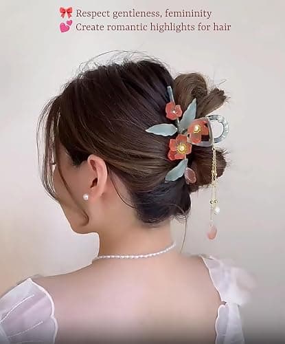 KEMMINTVN Colored Flowers Tassel Hair Claw Clips, Vintage Floral Hair Claw Clip, Orange Pearl Flower Design with Tassel, Large Flower Cross Metal Hair Clamps thumbnail 5
