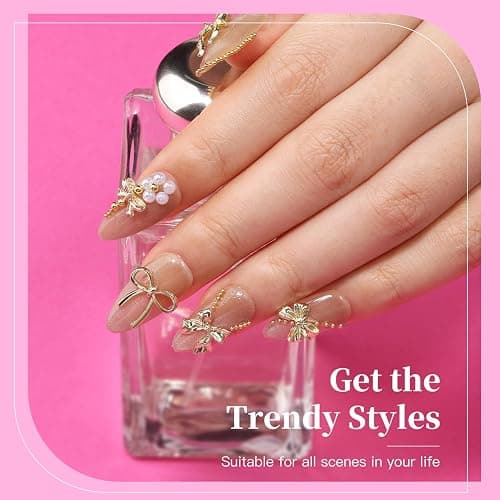 3D Metal Alloy Nail Bows Kit - Silver & Gold Bowknot Charms with 1-3mm Mini Caviar Beads, Tweezers, Pickup Pencil, Cute Nail Charms and Gems Jewelry in Petal-shaped Box (Gold-kit-1) thumbnail 7