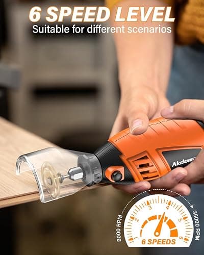 Akdomart Multiherramienta, 200W mini amoladora eléctrica, Herramienta Rotativa con 135 accesorios, 6 velocidades ajustables, 8000-35000 rpm, para grabar, taladrar, cortar, esmerilar thumbnail 5