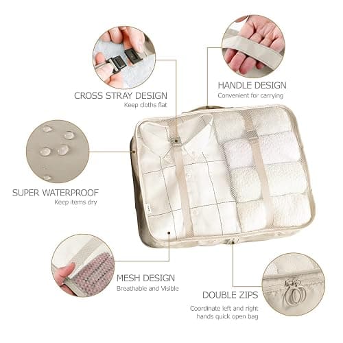 LANSKLBD 6/8 Set Packing Cubes for Suitcases Travel Luggage Packing Organizers,Travel Accessories Essentials Luggage Organizer with Shoe/Tioletry/Laundry Bag (Beige, 8 set) thumbnail 2