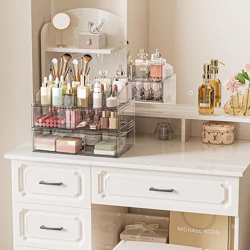 Clear Stackable Makeup Organizer with Drawer, 12''W Acrylic Storage Drawers, Cosmetic Display Case for Vanity Bathroom Countertop, Beauty Holder for Lipstick Brush Skincare Perfume thumbnail 2