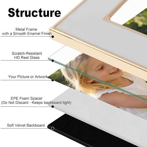 ACHAVINM 4x6 Double Picture Frame with White Enamel Finish, Gold Edge Metal Hinged Photo Frames, Real Glass Front Velvet Back, Display for Wall and Tabletop, Ideal for Wedding Couple Family Photos thumbnail 4
