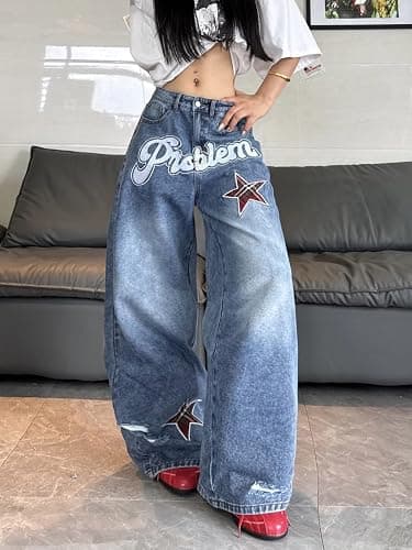 OYICAI Women's Baggy Jeans Embroidered Wide Leg Jeans Y2k Hip Hop Loose Fit Denim Pants Skater thumbnail 2