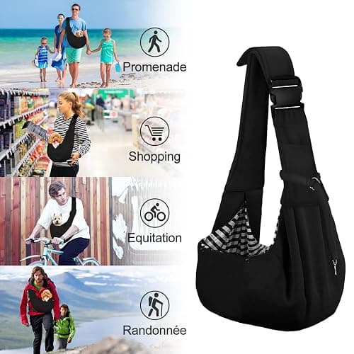 PETLOFT Sac de Transport pour Chien,Sac Transport Chiot, Réversible Sling Bandoulière Réglable, avec Crochet de Collier pour Chiot/Chat/Lapin Jusqu'à 4.99kg, Noir thumbnail 7