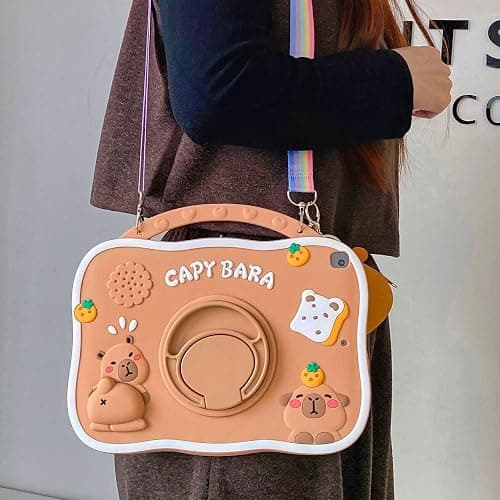 YOUSIDUN Capybara Kids Case for iPad 9th Gen(2021) / 8th Gen(2020) / 7th Gen(2019) 10.2 Inch,3D Cute Silicone Cartoon Cover for Boys with Rotating Stand, Adjustable Strap, Capybara Zipper Pouch- Beige thumbnail 8