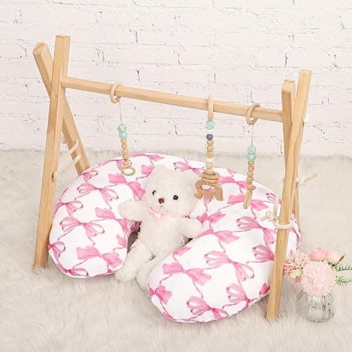 HNHUAMING Nursing Pillow Cover 2 Pack, Stretchy Breastfeeding Pillow Covers, Removable Feeding Pillowcase for Newborn, Ultra Soft Nursing Pillow Slipcover for Baby Girls Boys, Pink Bow thumbnail 2