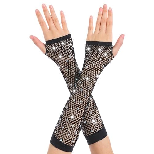 OTPEH Women Fishnet Rhinestone Gloves Fingerless Fish Net Arm Sleeve Warmers 80s Emo Scene Accessories - Image 1