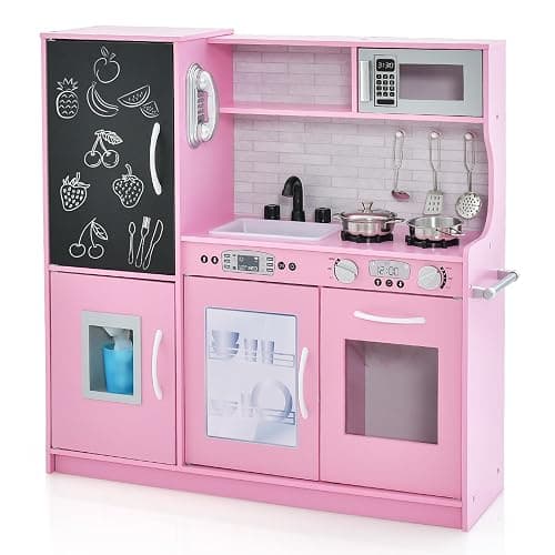 HONEY JOY Pink Kids Kitchen Playset, Wooden Little Chef Pretend Toy Kitchen Set w/Chalkboard, Telephone, Utensils, Oven, Microwave, Sink, Play Kitchen for Toddlers, Gift for Boys Girls, Pink - Image 1