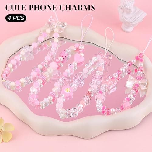 4 PCS Cute Phone Charms Aesthetic Y2K Cellphone Wrist Strap Bedazzling Bear Bow Butterfly Flower Heart Star Accessories Pink Beaded Phone Chain String for Bag Keychain Airpods Camera Pendants Decor thumbnail 2