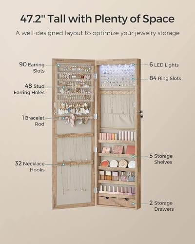SONGMICS 6 LEDs Mirror Jewelry Cabinet, 47.2-Inch Tall Lockable Wall or Door Mounted Jewelry Armoire Organizer with Mirror, 2 Drawers, Christmas Gift, 3.9 x 14.6 x 47.2 Inches, Toasted Oak Color thumbnail 6